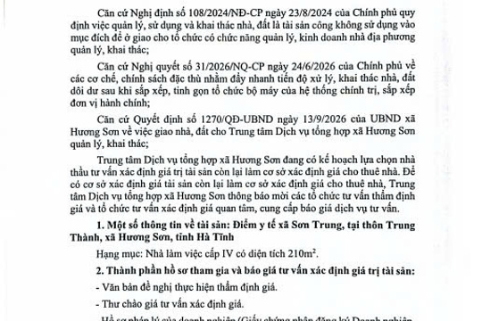 THÔNG BÁO – (Mời báo giá và tham gia tư vấn xác định giá trị tài sản còn lại làm cơ sở xác định giá cho thuê nhà) 