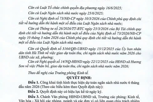 QUYẾT ĐỊNH – (Về việc công khai tình hình thực hiện dự toán ngân sách nhà nước 6 tháng đầu năm 2026) 