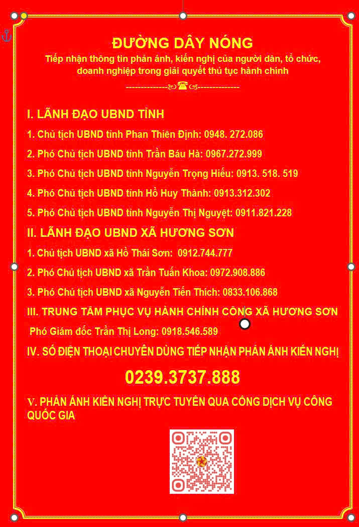 UBND xã Hương Sơn công khai đường dây nóng tiếp nhận phản ánh, kiến nghị trong giải quyết thủ tục hành chính