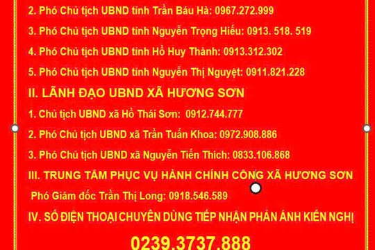 UBND xã Hương Sơn công khai đường dây nóng tiếp nhận phản ánh, kiến nghị trong giải quyết thủ tục hành chính