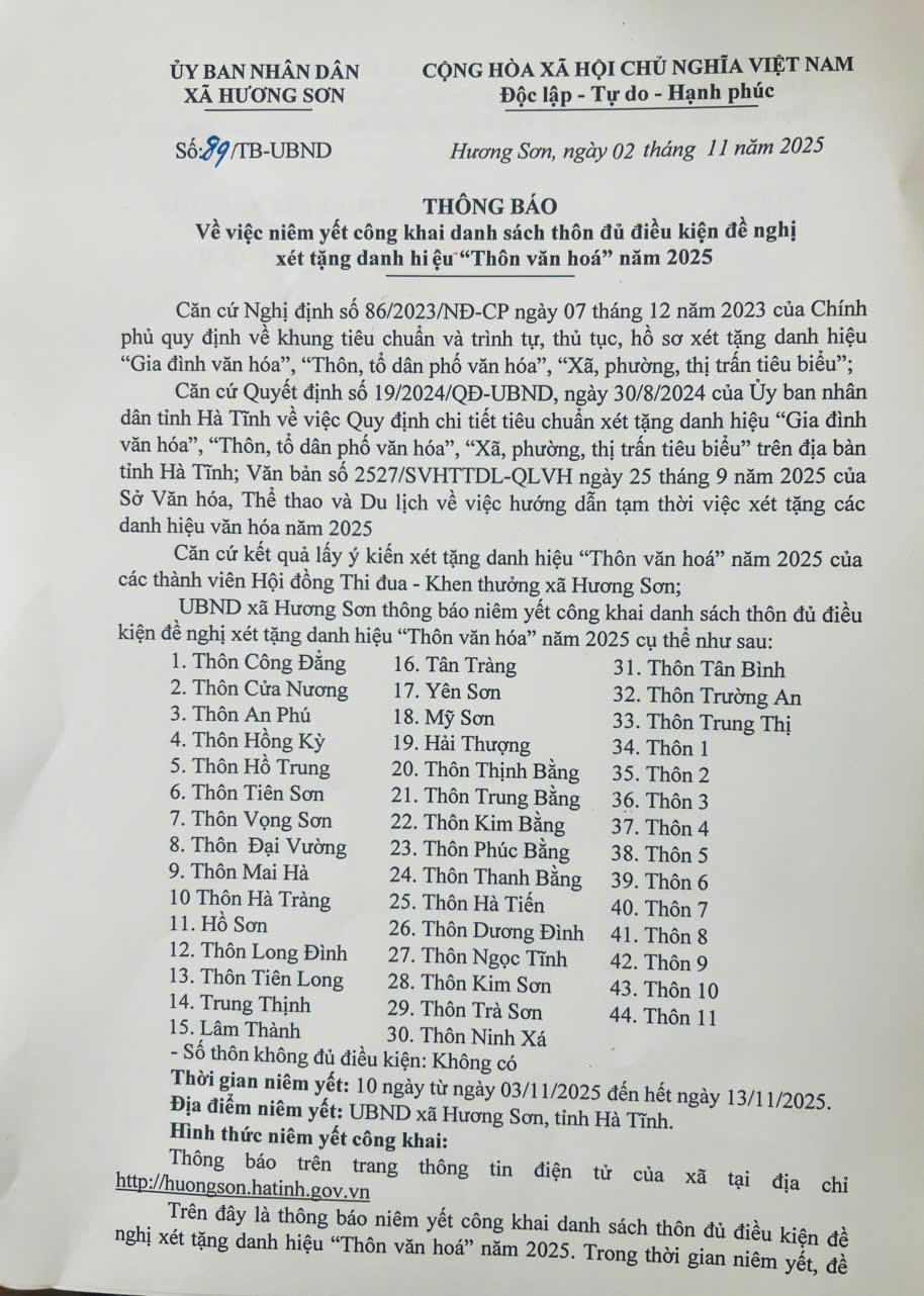THÔNG BÁO Về việc niêm yết công khai danh sách thôn đủ điều kiện đề nghị  xét tặng danh hi ệu “Thôn văn hoá” năm 2025 