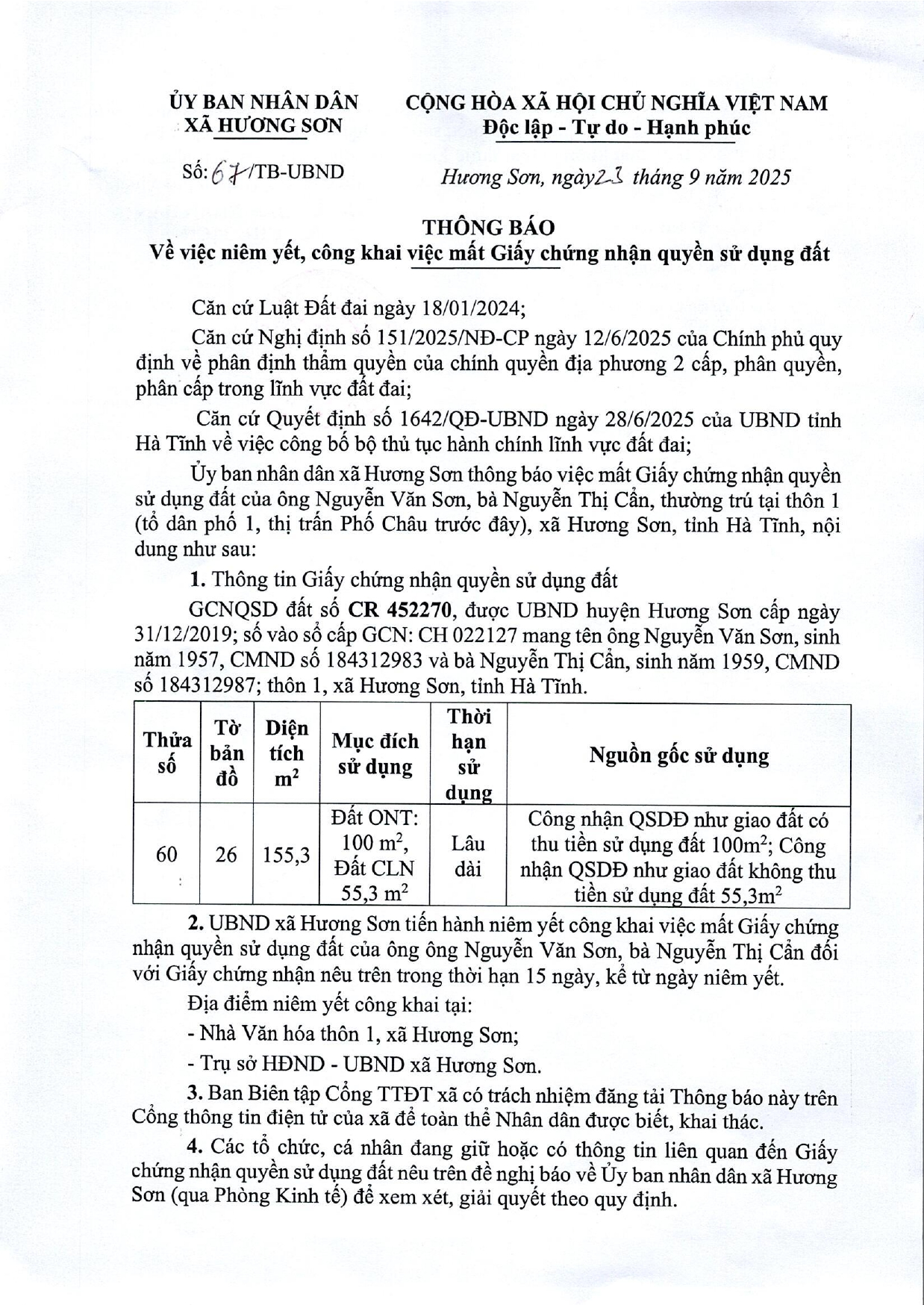 THÔNG BÁO NIÊM YẾT, CÔNG KHAI VIỆC MẤT GIẤY CHỨNG NHẬN QUYỀN SỬ DỤNG ĐẤT